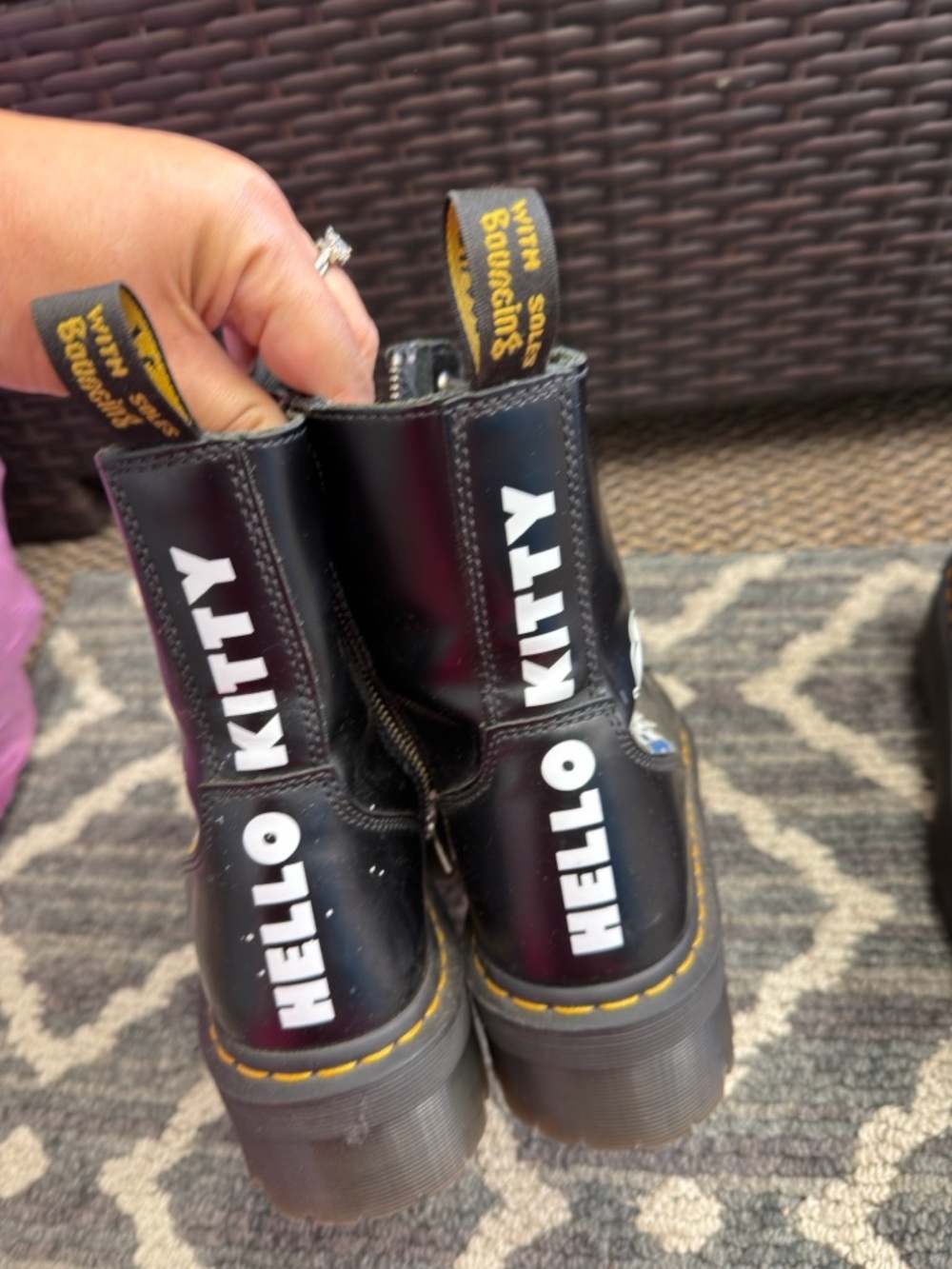 Dr. Martens Black Hello Kitty Lace-Up Combat Boots with Yellow Stitching - Picture 3 of 7